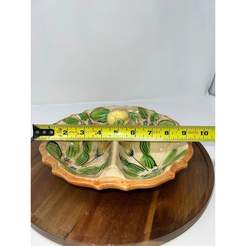 Vintage‎ Italian Style Majolica Ceramic Divided Serving Dish Floral Pear Handle